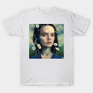 Portrait of pretty young  face with  daisy flowers T-Shirt